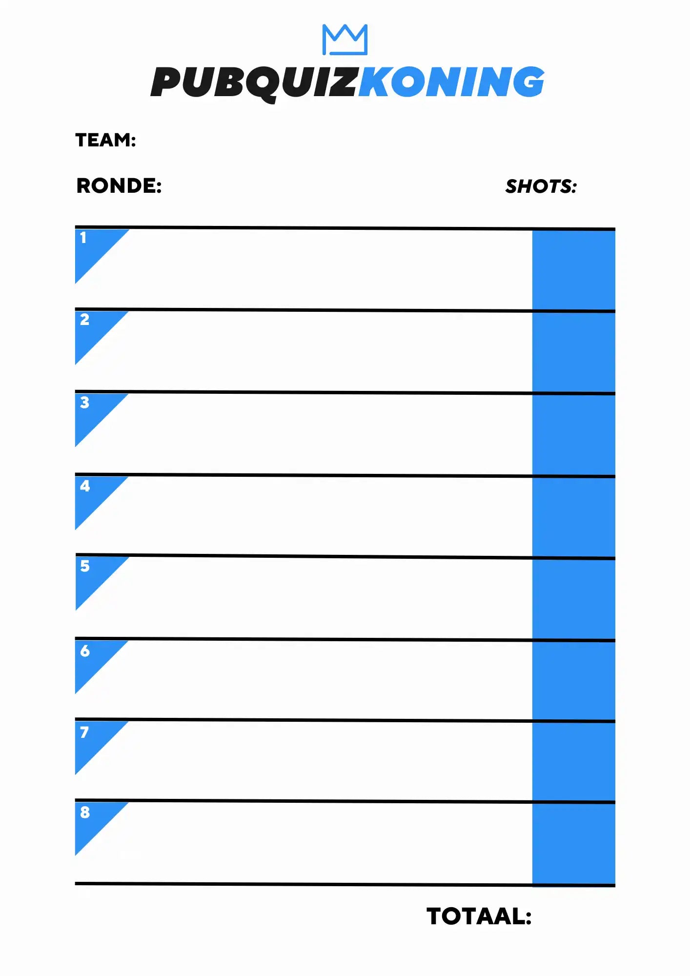 Pubquiz scoreblad.
