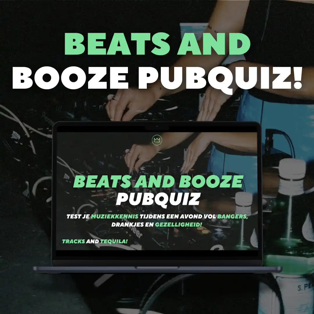 Laptop met een advertentie voor de 'Beats and Booze Pubquiz'.