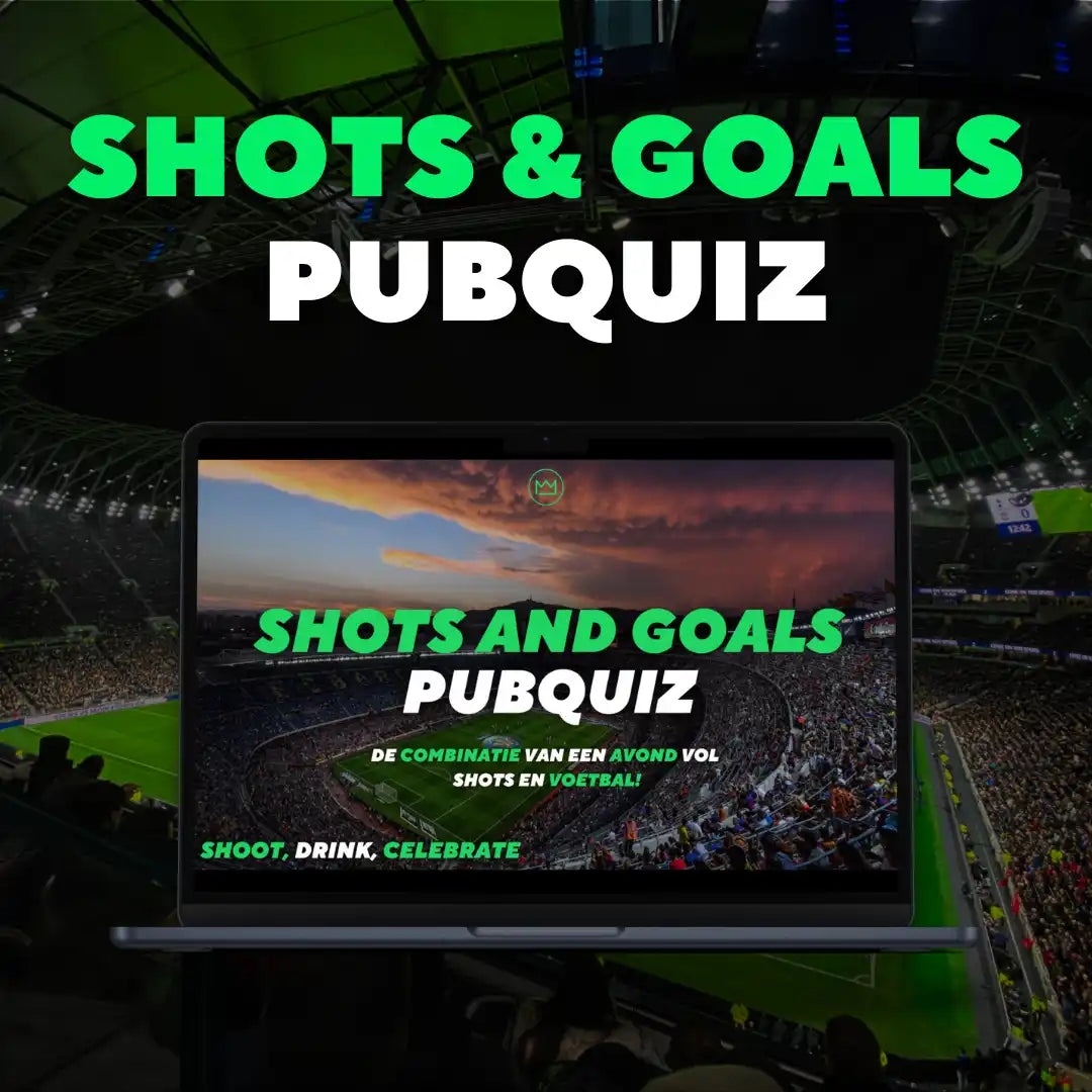 Laptop die een voetbalthema pubquiz-advertentie weergeeft.